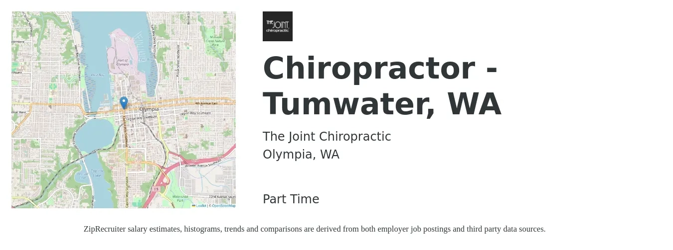 The Joint Chiropractic job posting for a Chiropractor - Tumwater, WA in Olympia, WA with a salary of $82,000 to $100,300 Yearly with a map of Olympia location.