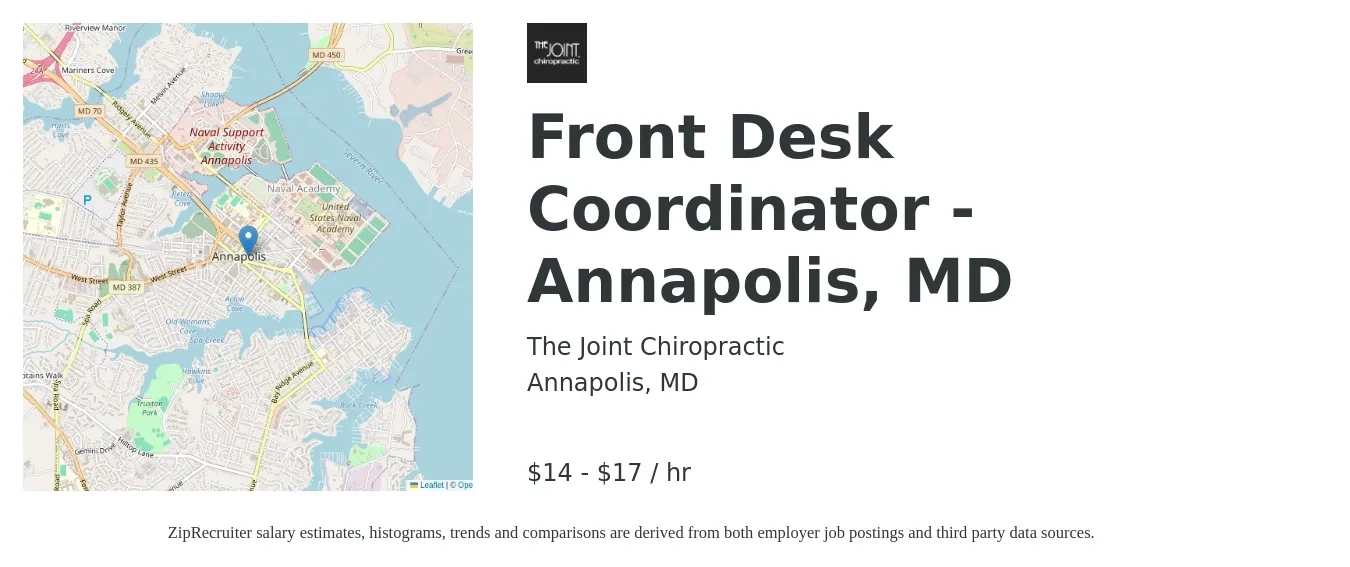 The Joint Chiropractic job posting for a Front Desk Coordinator - Annapolis, MD in Annapolis, MD with a salary of $15 to $18 Hourly with a map of Annapolis location.