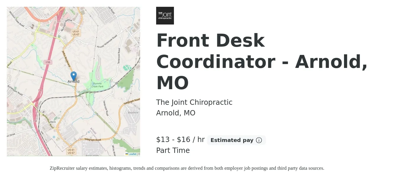 The Joint Chiropractic job posting for a Front Desk Coordinator - Arnold, MO in Arnold, MO with a salary of $14 to $17 Hourly with a map of Arnold location.