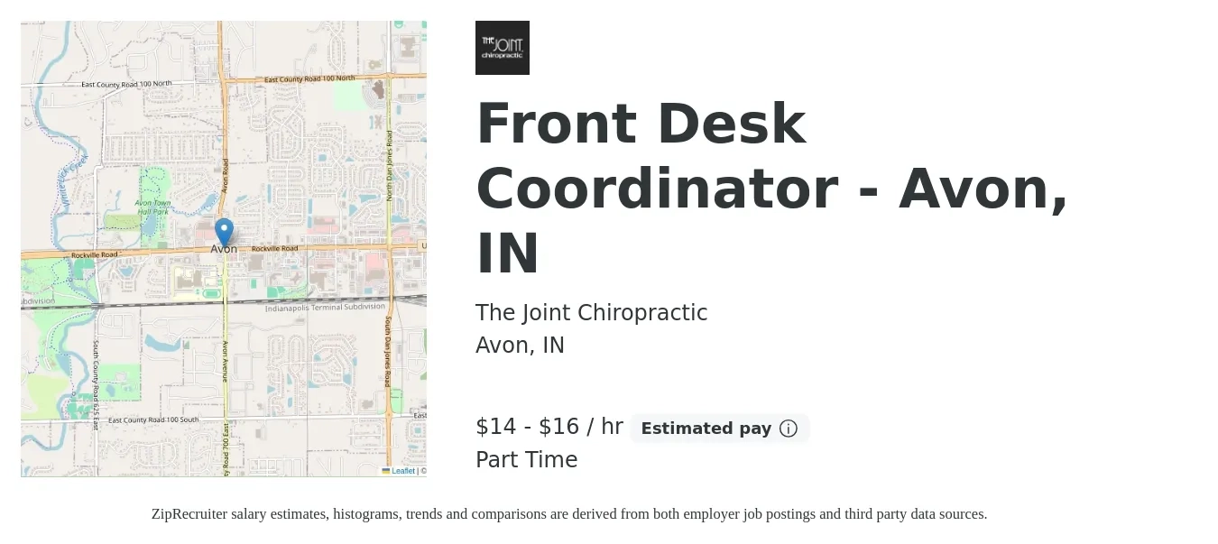 The Joint Chiropractic job posting for a Front Desk Coordinator - Avon, IN in Avon, IN with a salary of $15 to $17 Hourly with a map of Avon location.