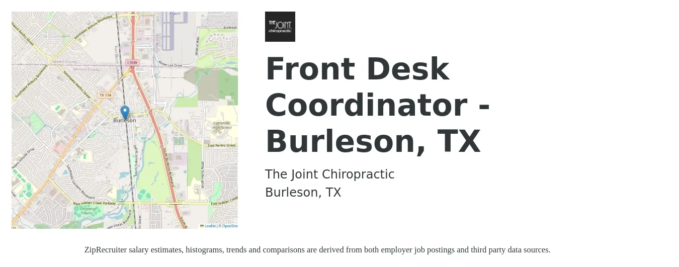The Joint Chiropractic job posting for a Front Desk Coordinator - Burleson, TX in Burleson, TX with a salary of $14 to $18 Hourly with a map of Burleson location.