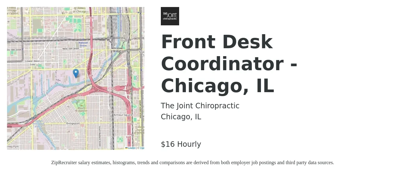 The Joint Chiropractic job posting for a Front Desk Coordinator - Chicago, IL in Chicago, IL with a salary of $17 Hourly with a map of Chicago location.
