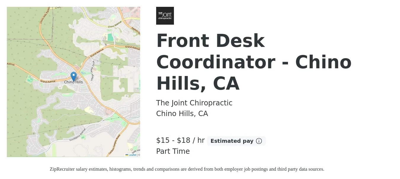 The Joint Chiropractic job posting for a Front Desk Coordinator - Chino Hills, CA in Chino Hills, CA with a salary of $16 to $19 Hourly with a map of Chino Hills location.
