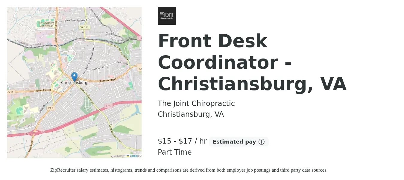 The Joint Chiropractic job posting for a Front Desk Coordinator - Christiansburg, VA in Christiansburg, VA with a salary of $16 to $18 Hourly with a map of Christiansburg location.