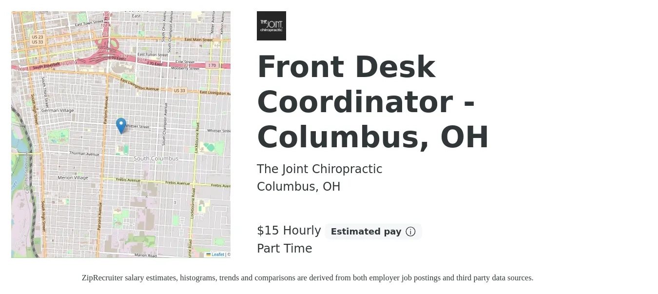 The Joint Chiropractic job posting for a Front Desk Coordinator - Columbus, OH in Columbus, OH with a salary of $16 Hourly with a map of Columbus location.