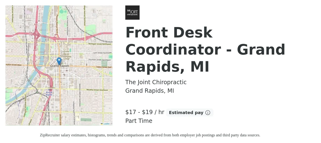 The Joint Chiropractic job posting for a Front Desk Coordinator - Grand Rapids, MI in Grand Rapids, MI with a salary of $18 to $20 Hourly with a map of Grand Rapids location.