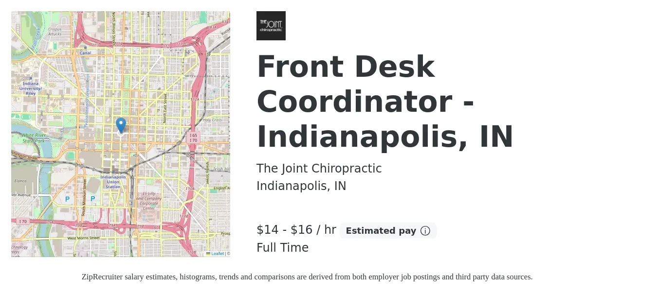 The Joint Chiropractic job posting for a Front Desk Coordinator - Indianapolis, IN in Indianapolis, IN with a salary of $15 to $17 Hourly with a map of Indianapolis location.