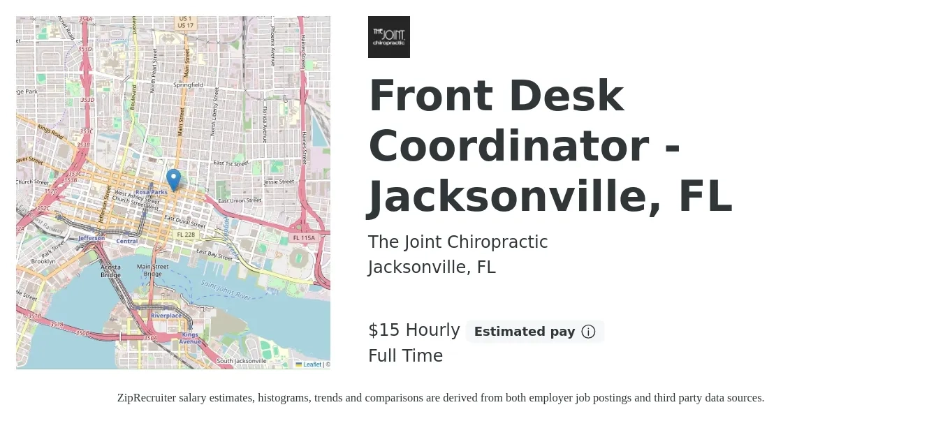 The Joint Chiropractic job posting for a Front Desk Coordinator - Jacksonville, FL in Jacksonville, FL with a salary of $16 Hourly with a map of Jacksonville location.