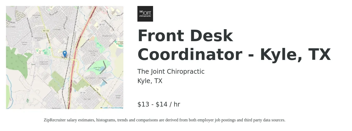 The Joint Chiropractic job posting for a Front Desk Coordinator - Kyle, TX in Kyle, TX with a salary of $14 to $15 Hourly with a map of Kyle location.