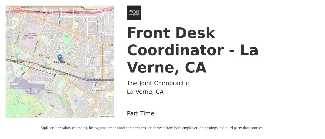 The Joint Chiropractic job posting for a Front Desk Coordinator - La Verne, CA in La Verne, CA with a salary of $15 to $18 Hourly with a map of La Verne location.