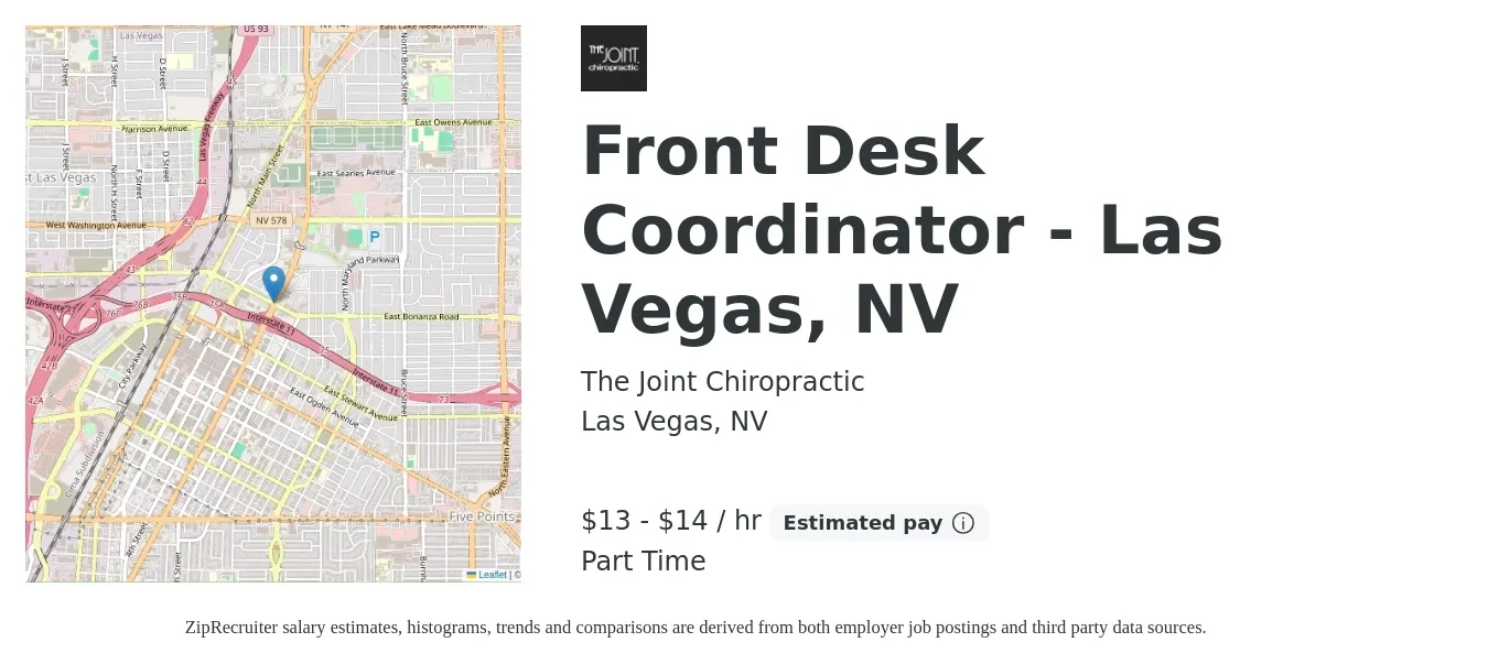 The Joint Chiropractic job posting for a Front Desk Coordinator - Las Vegas, NV in Las Vegas, NV with a salary of $14 to $15 Hourly with a map of Las Vegas location.