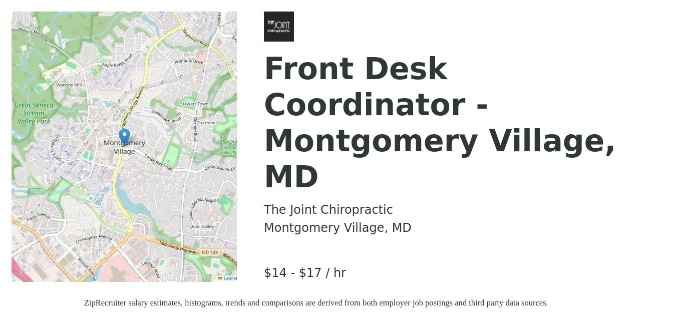 The Joint Chiropractic job posting for a Front Desk Coordinator - Montgomery Village, MD in Montgomery Village, MD with a salary of $15 to $18 Hourly with a map of Montgomery Village location.