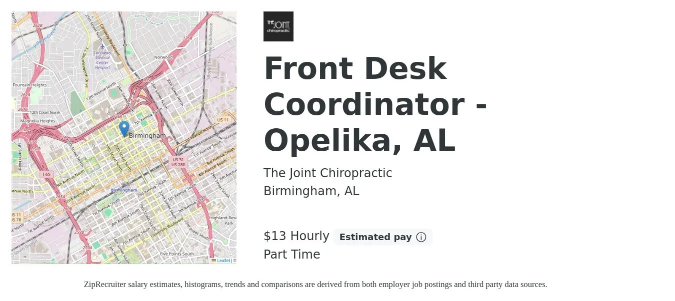 The Joint Chiropractic job posting for a Front Desk Coordinator - Opelika, AL in Birmingham, AL with a salary of $14 Hourly with a map of Birmingham location.