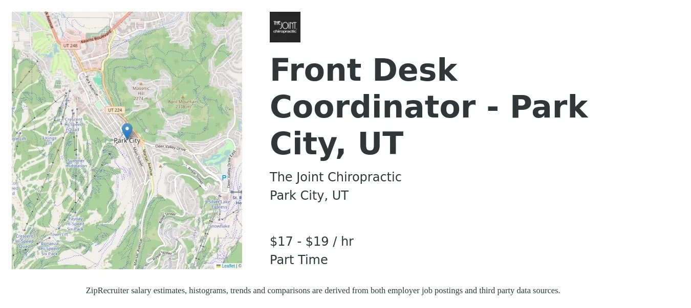 The Joint Chiropractic job posting for a Front Desk Coordinator - Park City, UT in Park City, UT with a salary of $18 to $20 Weekly with a map of Park City location.
