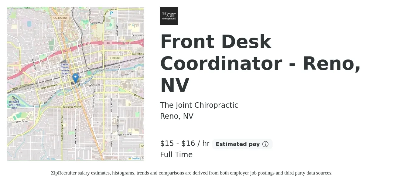 The Joint Chiropractic job posting for a Front Desk Coordinator - Reno, NV in Reno, NV with a salary of $16 to $17 Hourly with a map of Reno location.