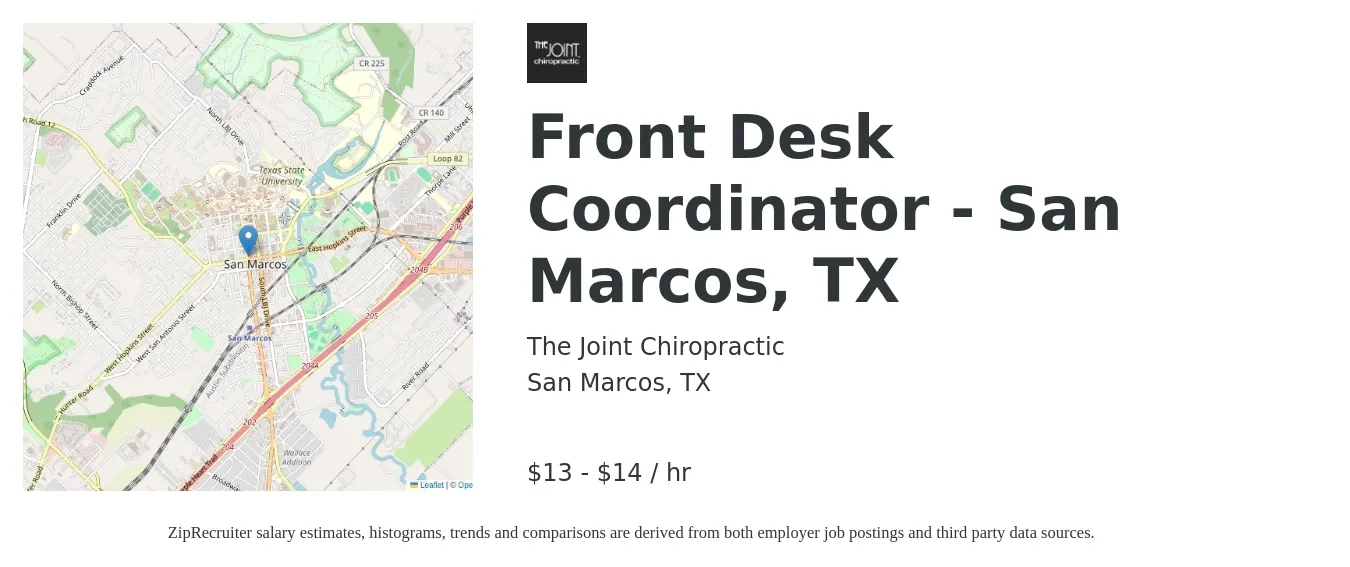 The Joint Chiropractic job posting for a Front Desk Coordinator - San Marcos, TX in San Marcos, TX with a salary of $14 to $15 Hourly with a map of San Marcos location.