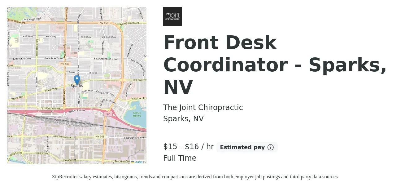 The Joint Chiropractic job posting for a Front Desk Coordinator - Sparks, NV in Sparks, NV with a salary of $16 to $17 Hourly with a map of Sparks location.