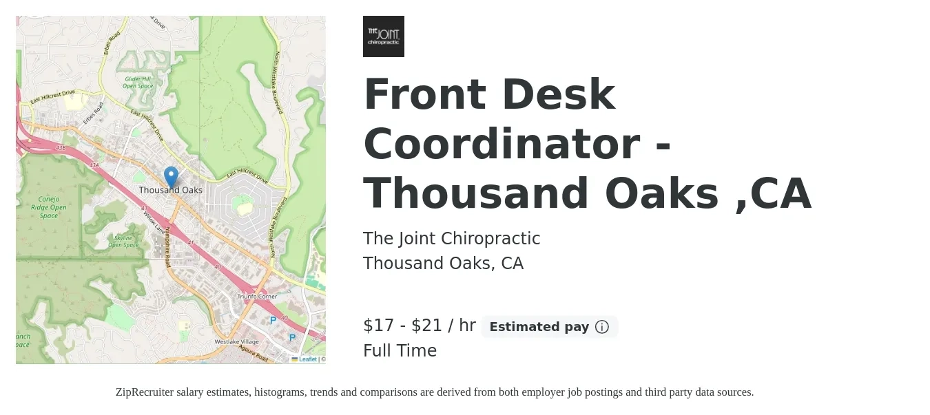 The Joint Chiropractic job posting for a Front Desk Coordinator - Thousand Oaks ,CA in Thousand Oaks, CA with a salary of $18 to $22 Hourly with a map of Thousand Oaks location.
