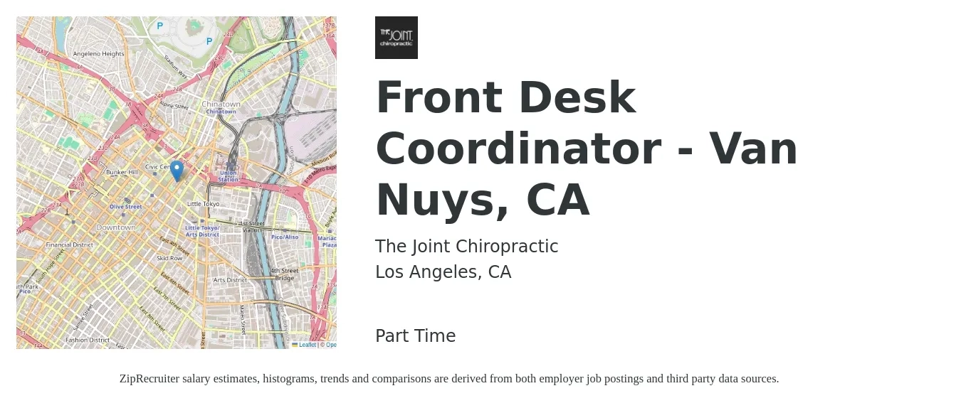 The Joint Chiropractic job posting for a Front Desk Coordinator - Van Nuys, CA in Los Angeles, CA with a salary of $16 to $18 Hourly with a map of Los Angeles location.