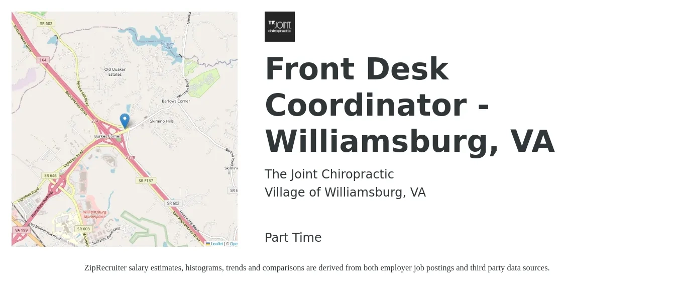 The Joint Chiropractic job posting for a Front Desk Coordinator -Williamsburg, VA in Village of Williamsburg, VA with a salary of $15 to $19 Hourly with a map of Village of Williamsburg location.