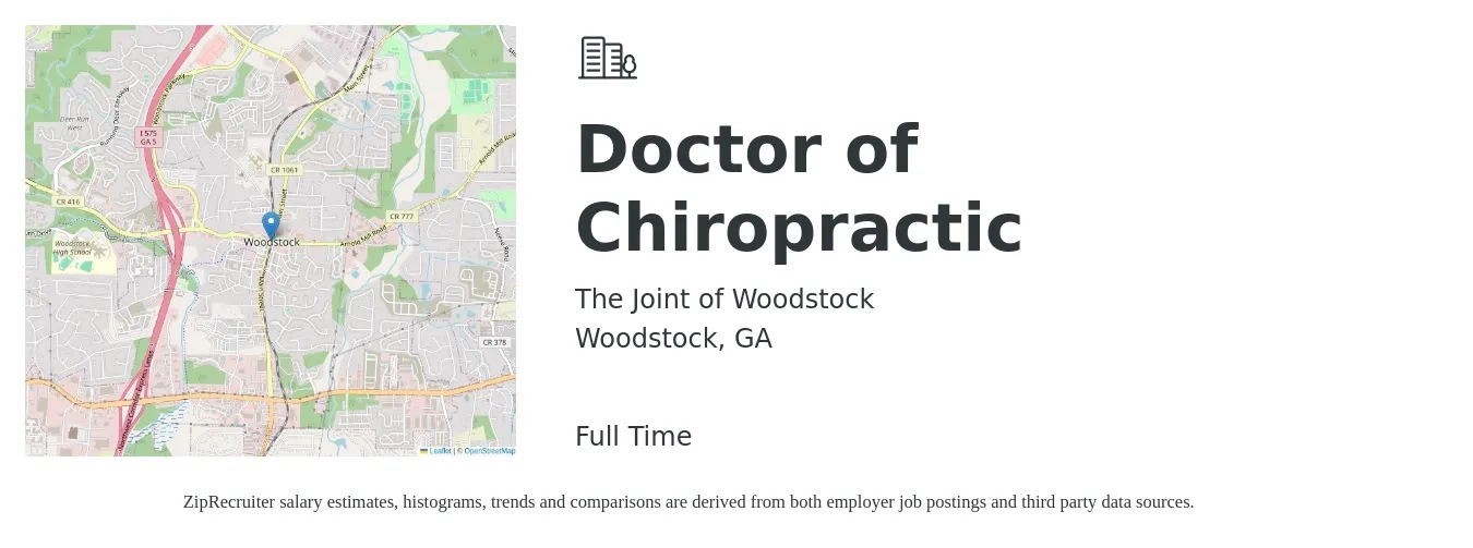 The Joint of Woodstock job posting for a Doctor of Chiropractic in Woodstock, GA with a salary of $69,000 to $84,300 Yearly with a map of Woodstock location.