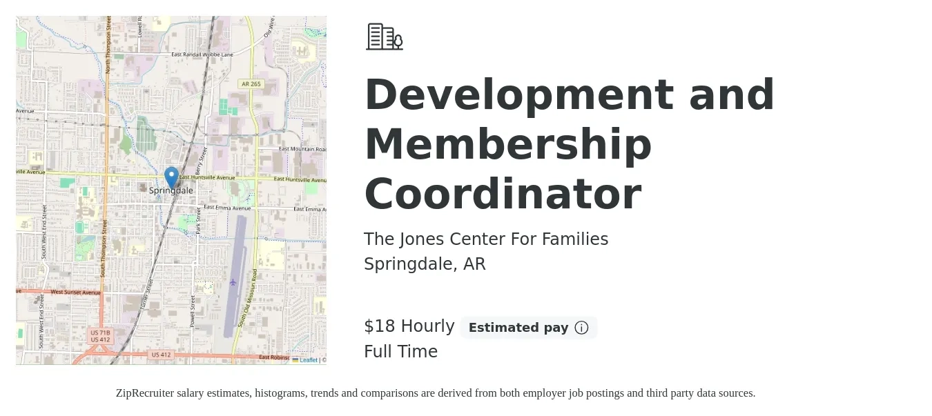 The Jones Center For Families job posting for a Development and Membership Coordinator in Springdale, AR with a salary of $19 to $19 Hourly with a map of Springdale location.