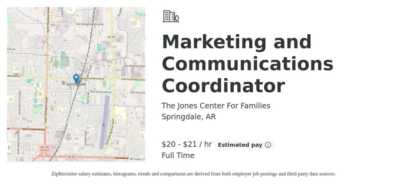 The Jones Center For Families job posting for a Marketing and Communications Coordinator in Springdale, AR with a salary of $22 to $23 Hourly with a map of Springdale location.