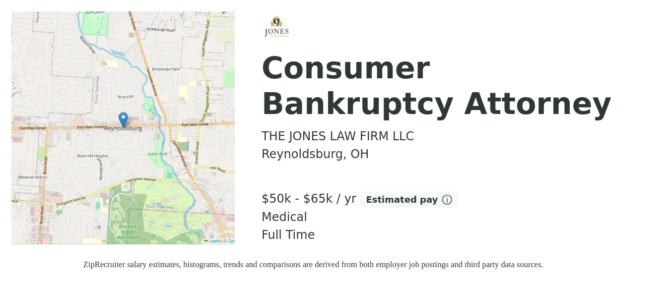 THE JONES LAW FIRM LLC job posting for a Consumer Bankruptcy Attorney in Reynoldsburg, OH with a salary of $50,000 to $65,000 Yearly and benefits including medical with a map of Reynoldsburg location.