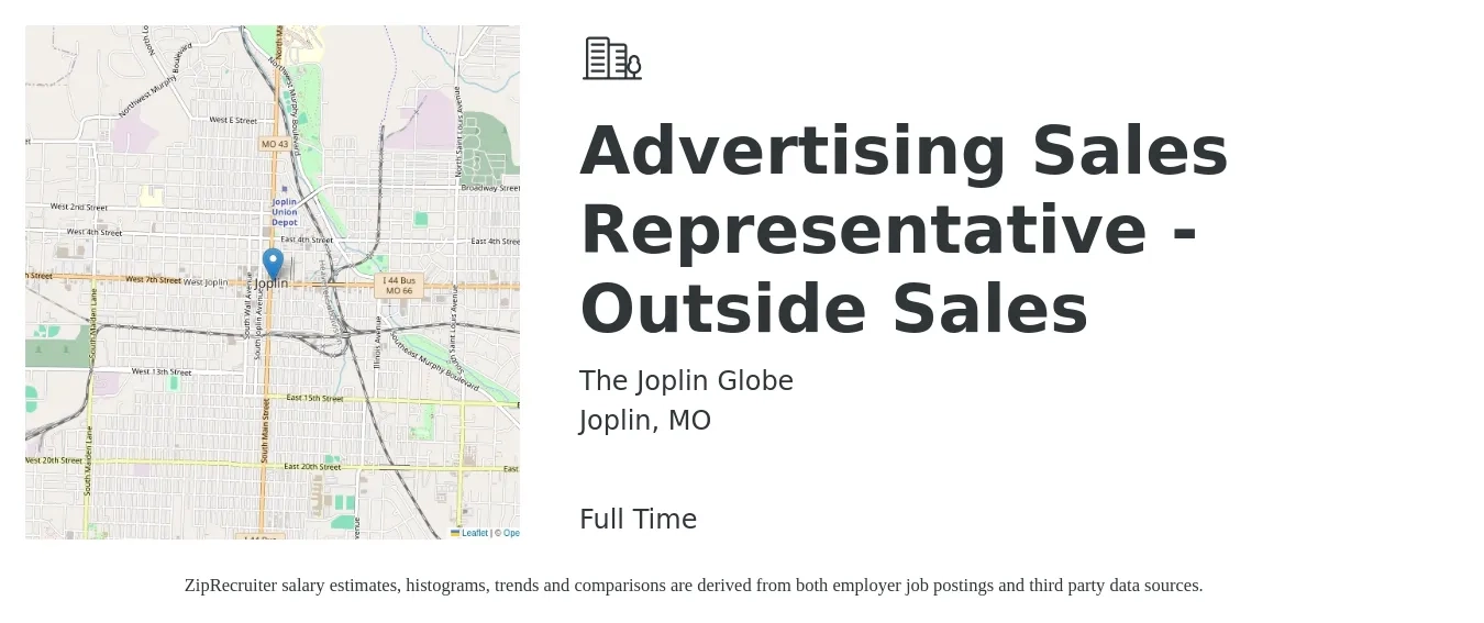The Joplin Globe job posting for a Advertising Sales Representative - Outside Sales in Joplin, MO with a salary of $46,900 to $80,400 Yearly with a map of Joplin location.