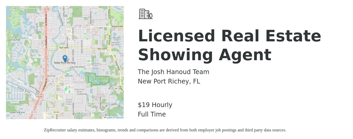 The Josh Hanoud Team job posting for a Licensed Real Estate Showing Agent in New Port Richey, FL with a salary of $20 Hourly with a map of New Port Richey location.