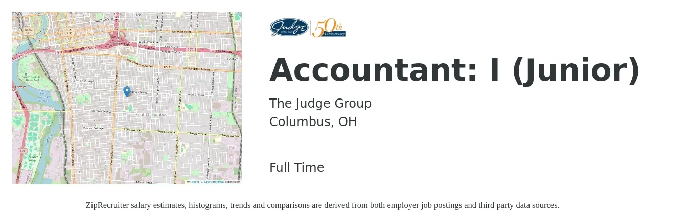 The Judge Group job posting for a Accountant: I (Junior) in Columbus, OH with a salary of $45,900 to $58,000 Yearly with a map of Columbus location.