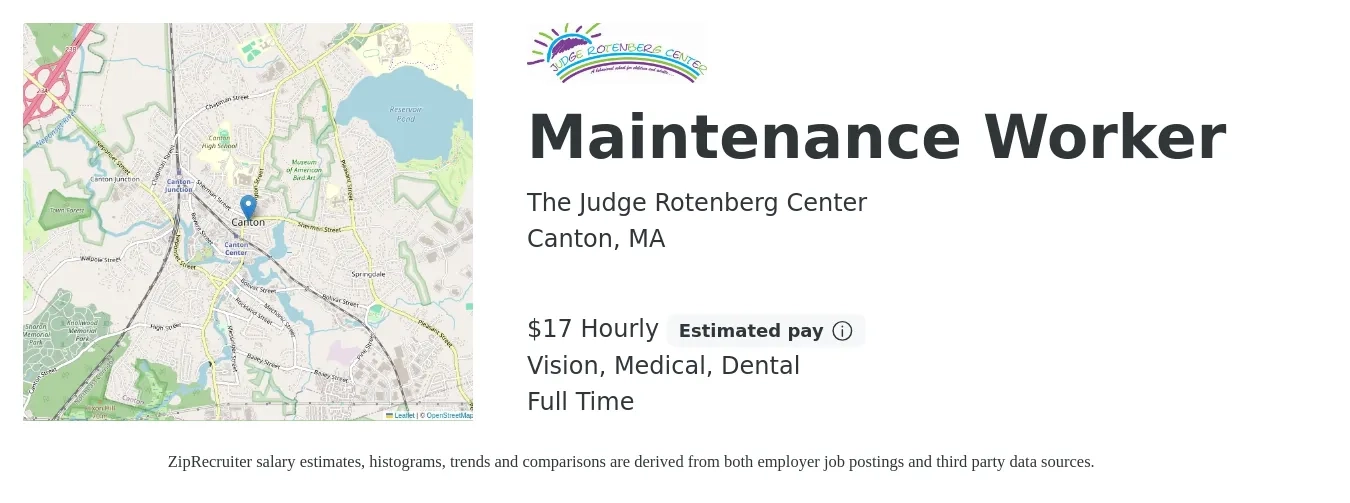 The Judge Rotenberg Center job posting for a Maintenance Worker in Canton, MA with a salary of $18 Hourly and benefits including retirement, vision, dental, life_insurance, and medical with a map of Canton location.