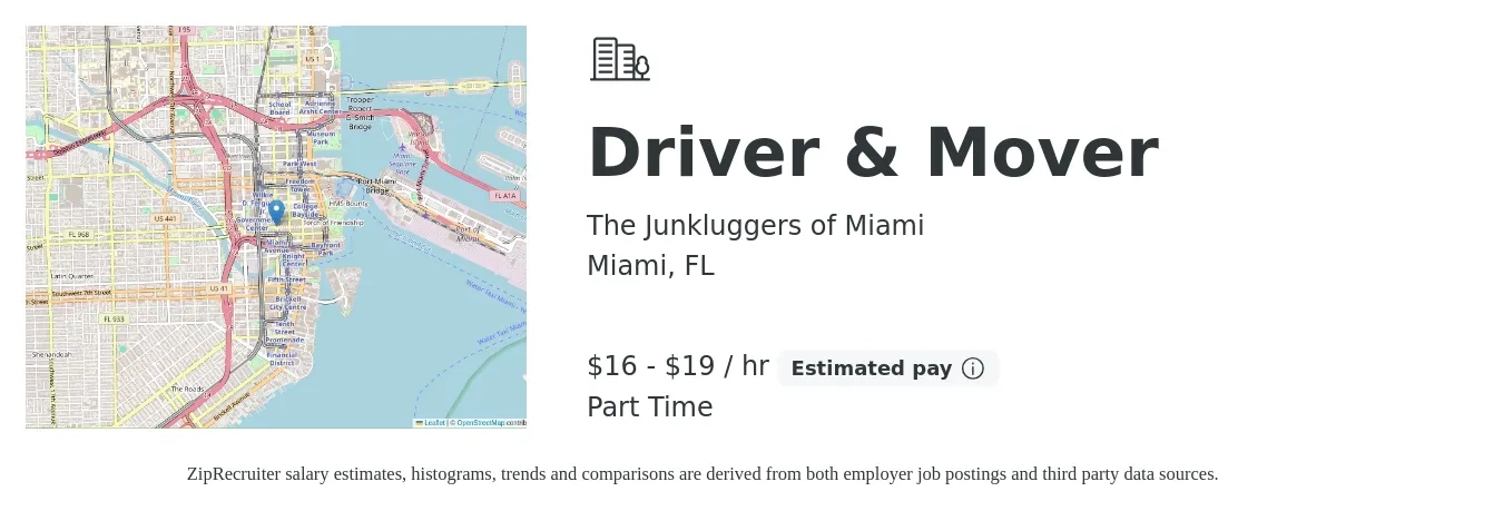 The Junkluggers of Miami job posting for a Driver & Mover in Miami, FL with a salary of $17 to $20 Hourly with a map of Miami location.