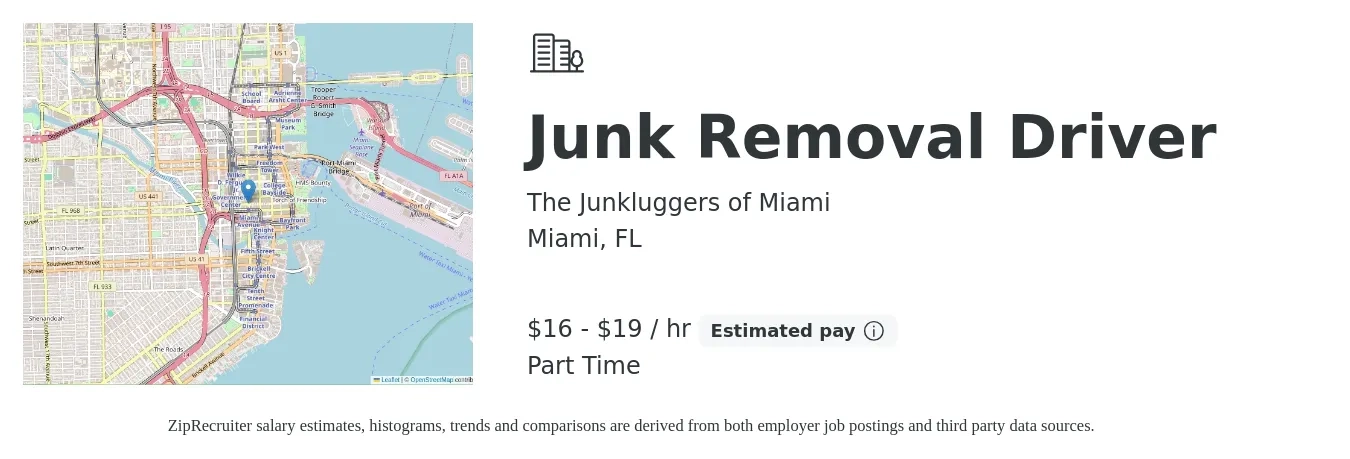 The Junkluggers of Miami job posting for a Junk Removal Driver in Miami, FL with a salary of $17 to $20 Hourly with a map of Miami location.