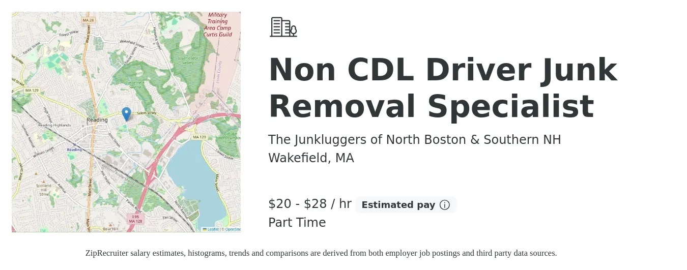The Junkluggers of North Boston & Southern NH job posting for a Non CDL Driver Junk Removal Specialist in Wakefield, MA with a salary of $21 to $30 Hourly with a map of Wakefield location.