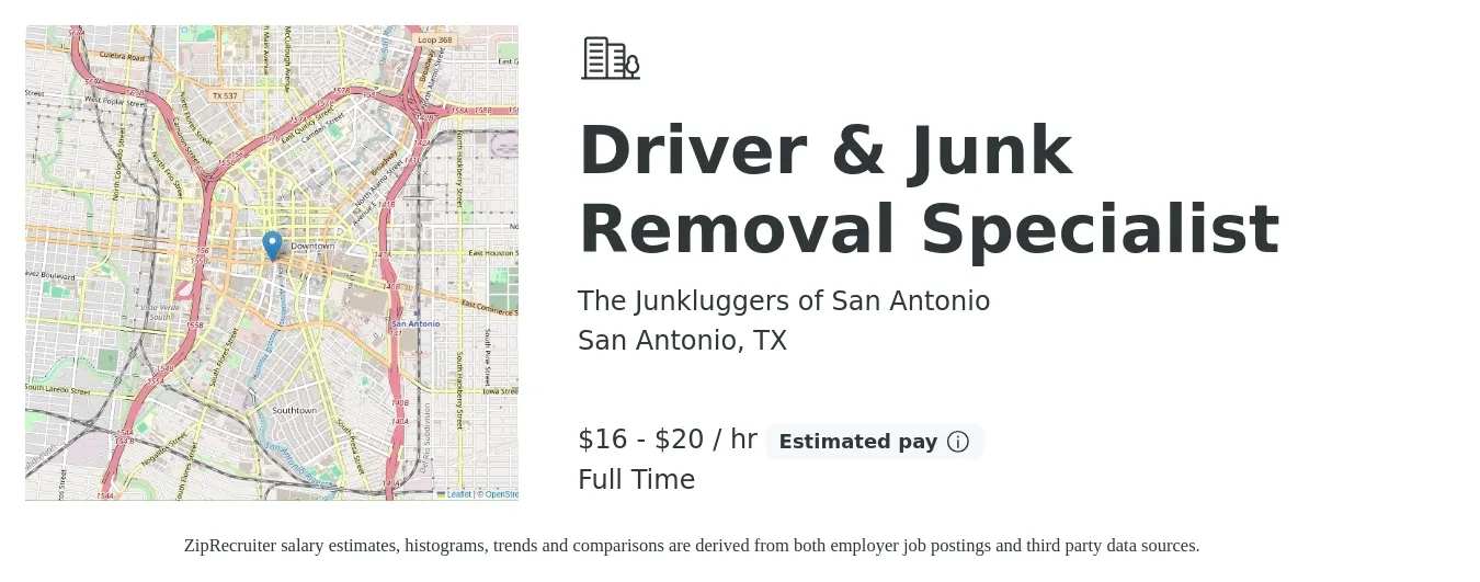 The Junkluggers of San Antonio job posting for a Driver & Junk Removal Specialist in San Antonio, TX with a salary of $17 to $21 Hourly with a map of San Antonio location.