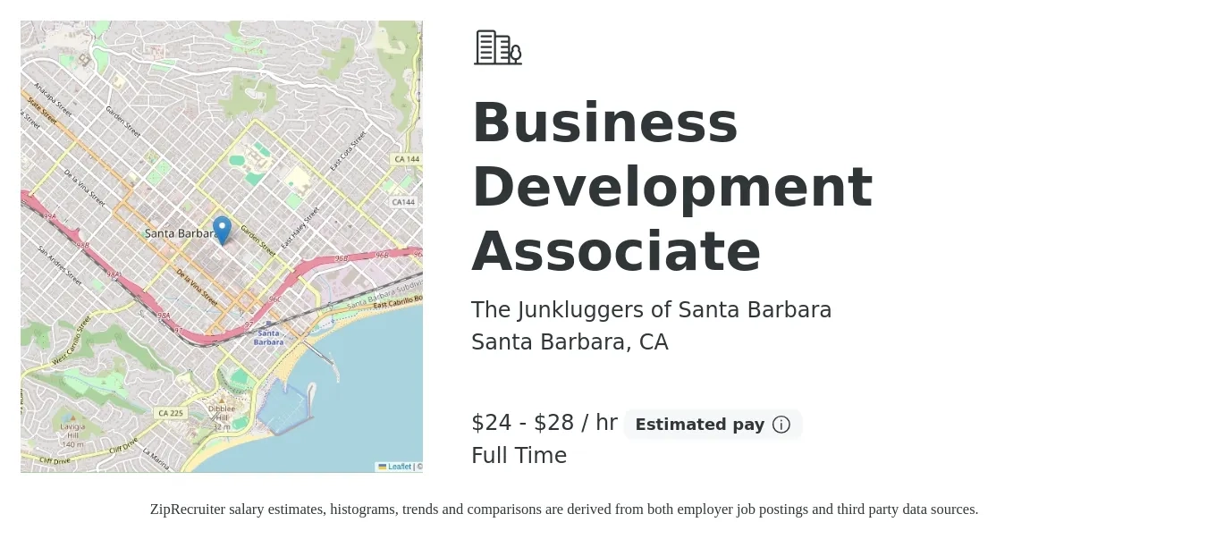 The Junkluggers of Santa Barbara job posting for a Business Development Associate in Santa Barbara, CA with a salary of $25 to $30 Hourly with a map of Santa Barbara location.