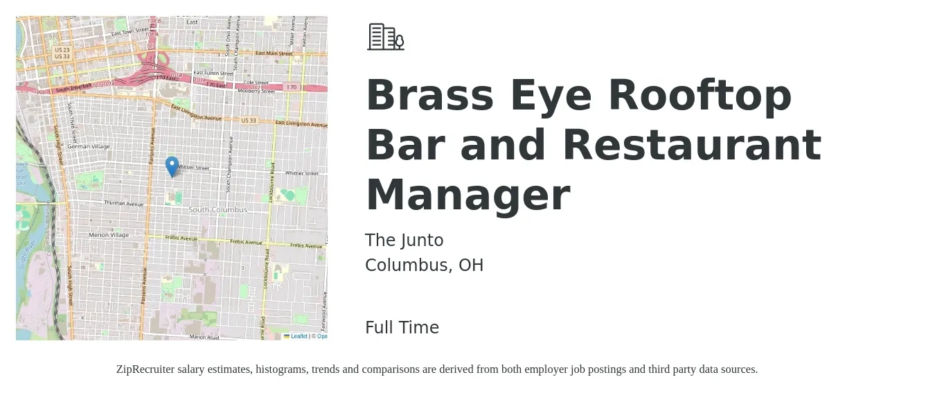 The Junto job posting for a Brass Eye Rooftop Bar and Restaurant Manager in Columbus, OH with a salary of $52,200 to $70,500 Yearly with a map of Columbus location.