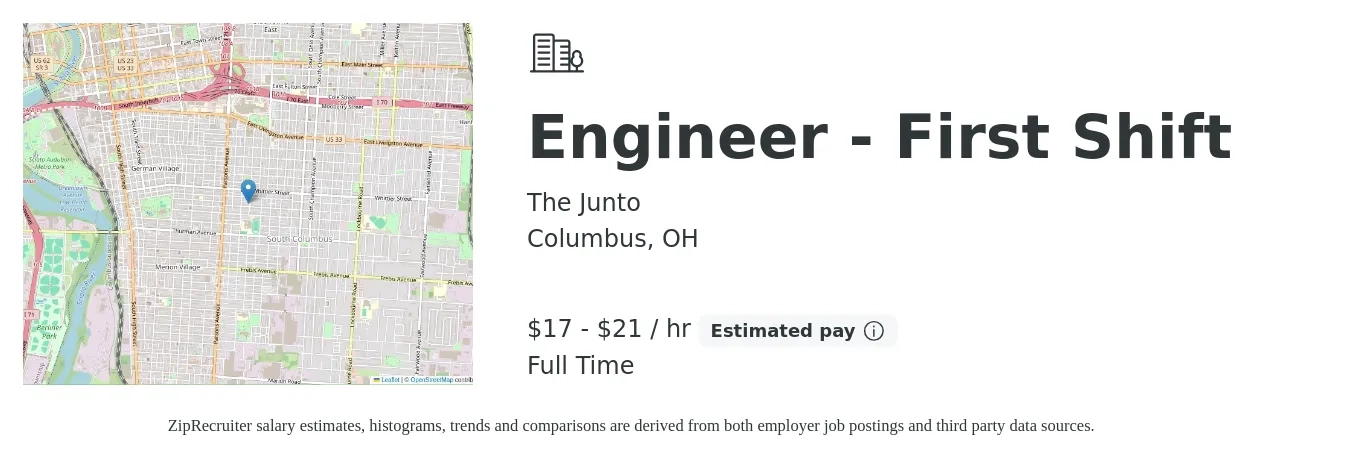 The Junto job posting for a Engineer - First Shift in Columbus, OH with a salary of $18 to $22 Hourly with a map of Columbus location.
