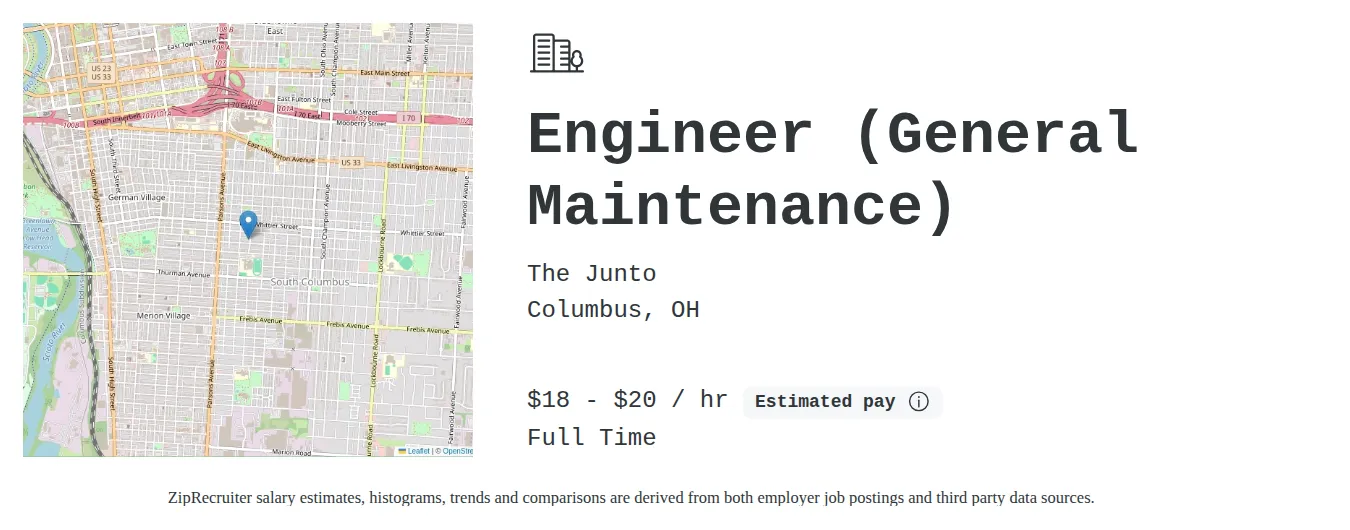 The Junto job posting for a Engineer (General Maintenance) in Columbus, OH with a salary of $19 to $21 Hourly and benefits including Medical, Vision, Dental, PTO, and Retirement with a map of Columbus location.