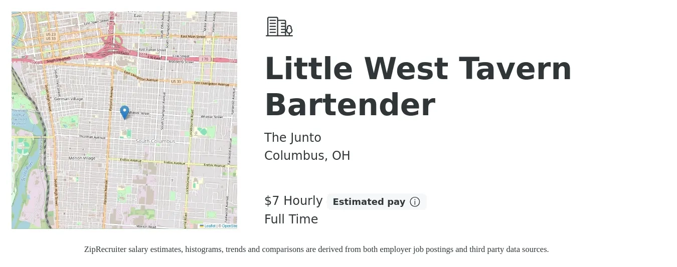 The Junto job posting for a Little West Tavern Bartender in Columbus, OH with a salary of $8 Hourly with a map of Columbus location.
