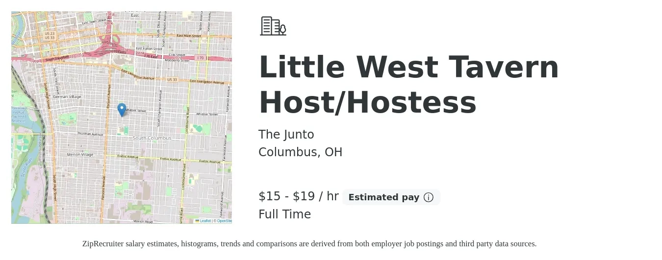 The Junto job posting for a Little West Tavern Host/Hostess in Columbus, OH with a salary of $16 to $20 Hourly with a map of Columbus location.