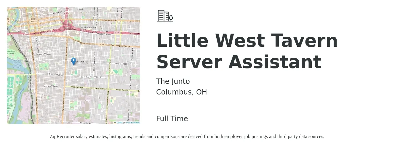 The Junto job posting for a Little West Tavern Server Assistant in Columbus, OH with a salary of $10 to $15 Hourly with a map of Columbus location.
