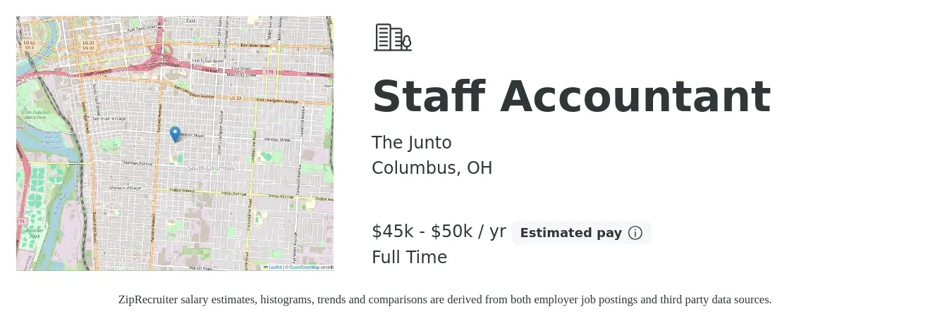 The Junto job posting for a Staff Accountant in Columbus, OH with a salary of $45,000 to $50,000 Yearly with a map of Columbus location.