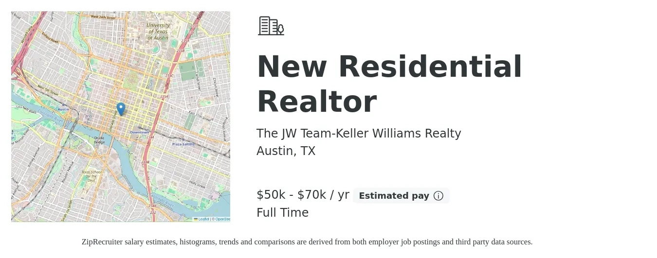 The JW Team-Keller Williams Realty job posting for a New Residential Realtor in Austin, TX with a salary of $50,000 to $70,000 Yearly with a map of Austin location.