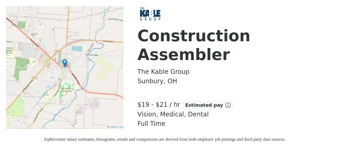 The Kable Group job posting for a Construction Assembler in Sunbury, OH with a salary of $20 to $22 Hourly and benefits including dental, medical, and vision with a map of Sunbury location.