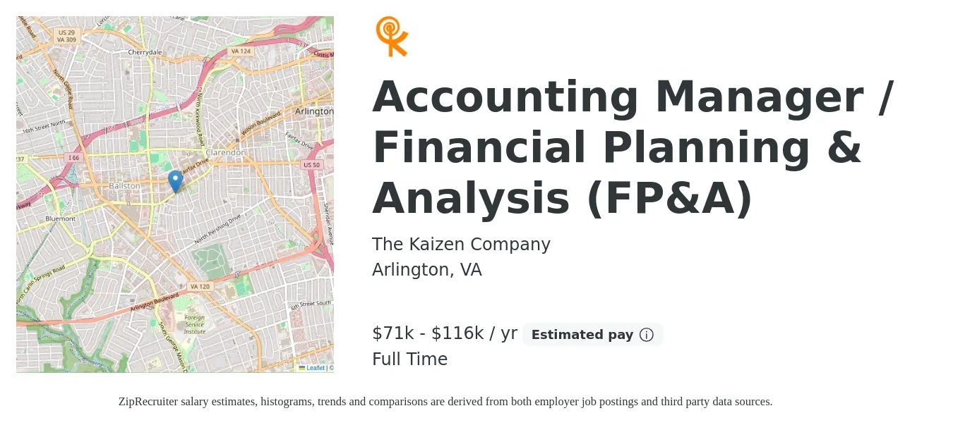 The Kaizen Company job posting for a Accounting Manager / Financial Planning & Analysis (FP&A) in Arlington, VA with a salary of $71,000 to $116,000 Yearly with a map of Arlington location.