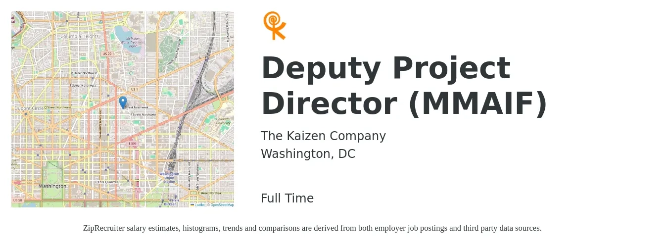 The Kaizen Company job posting for a Deputy Project Director (MMAIF) in Washington, DC with a salary of $128,000 to $166,500 Yearly with a map of Washington location.