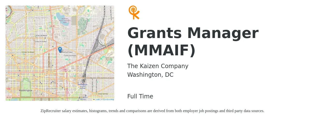 The Kaizen Company job posting for a Grants Manager (MMAIF) in Washington, DC with a salary of $70,200 to $97,400 Yearly with a map of Washington location.