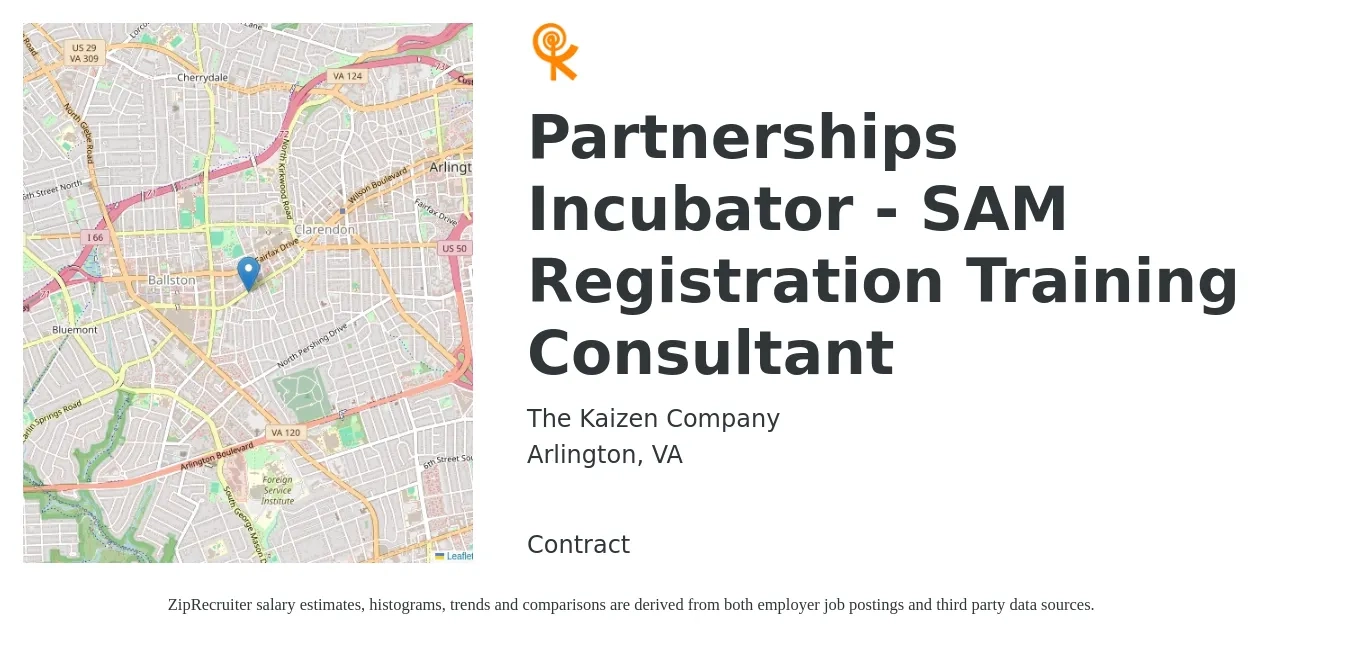 The Kaizen Company job posting for a Partnerships Incubator - SAM Registration Training Consultant in Arlington, VA with a salary of $73,700 to $103,100 Yearly with a map of Arlington location.
